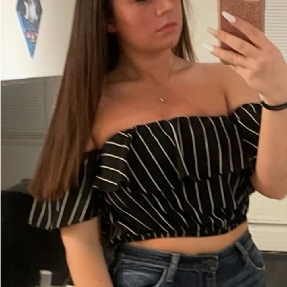 Windsor Cropped Black and White Striped Off-Shoulder Top